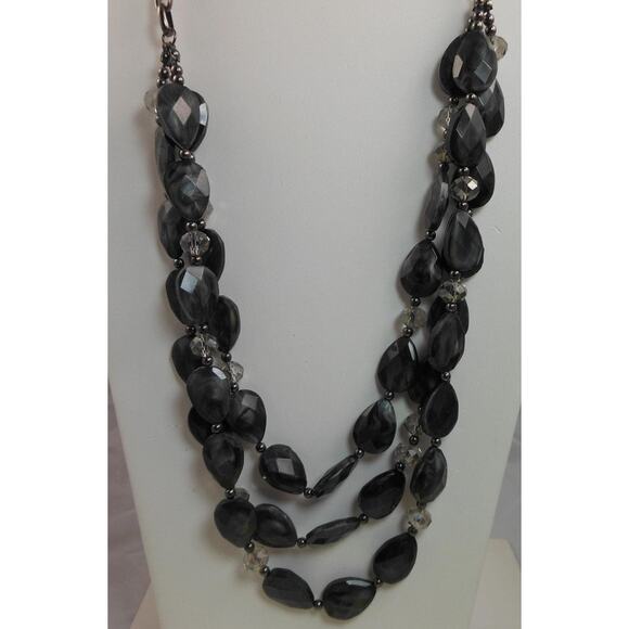 Vintage Three Strand Crystal Pendant Black Grey Necklace - Designer Signed - Picture 6 of 7
